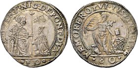 VENEZIA
Nicolò Da Ponte Doge LXXXVII, 1578-1585.
Mezzo Scudo da 4 Lire o 80 Soldi con Santa Giustina.
Ag gr. 18,04
Dr. S M VENE NIC DEPONTE DVX. S...