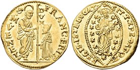 VENEZIA
Francesco Erizzo doge XCVIII, 1631-1646.
Zecchino.
Au gr. 3,48
Dr. FRANC ERIZZO - S M VENET. San Marco stante verso s., porge il vessillo ...