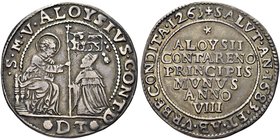 VENEZIA
Alvise Contarini Doge CVI, 1676-1684.
Osella anno VIII, 1683.
Ag gr. 9,45
Dr. SM V ALOYSIVS CONT D. San Marco in trono, porge con la d. il...