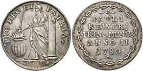 VENEZIA
Paolo Renier Doge CXIX, 1779-1789.
Osella anno II, 1780.
Ag gr. 9,81
Dr. PRO DEO ET PATRIA (In difesa di Dio e della Patria) La Costanza, ...