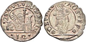 VENEZIA
Ludovico Manin Doge CXX, 1789-1797.
Soldo da 12 Bagattini.
Æ gr. 1,64
Dr. Il doge, in ginocchio tiene il vessillo con banderuola sormontat...