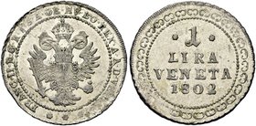 VENEZIA
Provincia Veneta. Francesco II, 1797-1805.
Lira Veneta 1802.
Mi gr. 7,68
Dr. Aquila bicipite coronata con lo semma d’Austria entro cerchio...