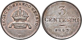 VENEZIA
Ferdinando I, Imperatore d'Austria e re del Lombardo-Veneto, 1835-1848.
3 Centesimi 1843.
Æ
Dr. Corona imperiale.
Rv. Valore e data.
Pag...