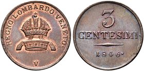 VENEZIA
Ferdinando I, Imperatore d'Austria e re del Lombardo-Veneto, 1835-1848.
3 Centesimi 1846.
Æ
Dr. Corona imperiale.
Rv. Valore e data.
Pag...