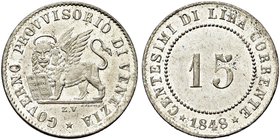 VENEZIA
Governo Provvisorio di Venezia, 1848-1849.
15 Centesimi 1848.
Mi
Dr. Leone nimbato ed alato verso s., poggia la zampa su Libro aperto.
Rv...
