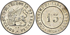 VENEZIA
Governo Provvisorio di Venezia, 1848-1849.
15 Centesimi 1848.
Mi
Dr. Leone nimbato ed alato verso s., poggia la zampa su Libro aperto.
Rv...