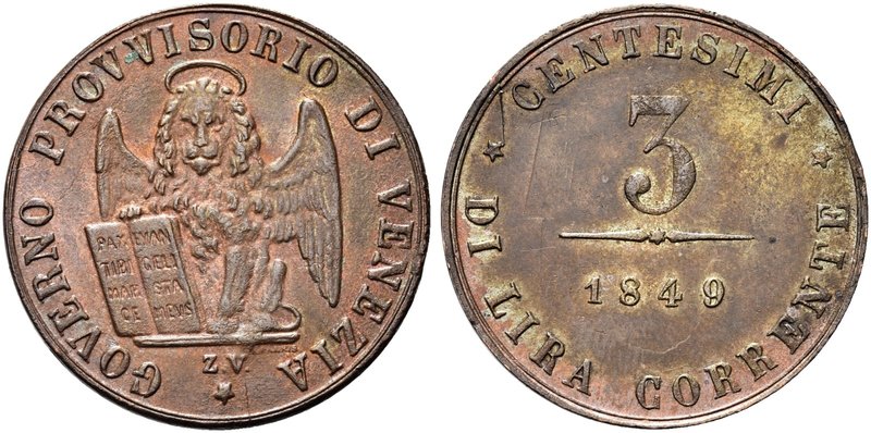 VENEZIA
Governo Provvisorio di Venezia, 1848-1849.
3 Centesimi 1849.
Cu
Dr. ...