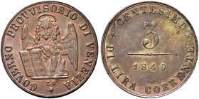 VENEZIA
Governo Provvisorio di Venezia, 1848-1849.
3 Centesimi 1849.
Cu
Dr. Leone alato con libro aperto.
Rv. Valore e data.
Pag. 185; Gig. 10....