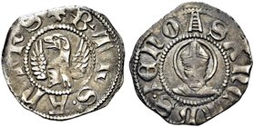VERONA
Bartolomeo e Antonio della Scala, Signori, 1375-1381.
Soldo.
Ag gr. 0,93
Dr. BTh S ANTh S. Elmo alato con cimiero con testa canina entro ce...