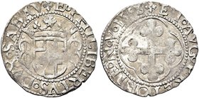 SAVOIA ANTICHI
Emanuele Filiberto Duca, 1553-1580.
Grosso 1556 zecca di Aosta, I Tipo.
Mi gr. 1,80
Dr. E PHILIBERTVS DVX SABAV. Scudo sabaudo con ...