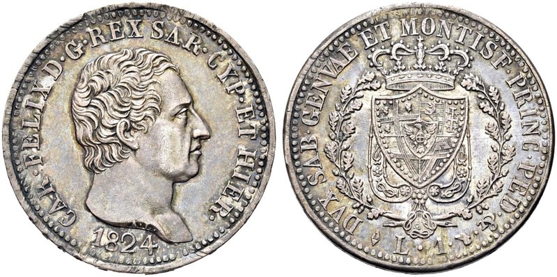 REGNO DI SARDEGNA
Carlo Felice, 1821-1831.
Lira 1824 Torino.
Ag
Dr. Testa de...