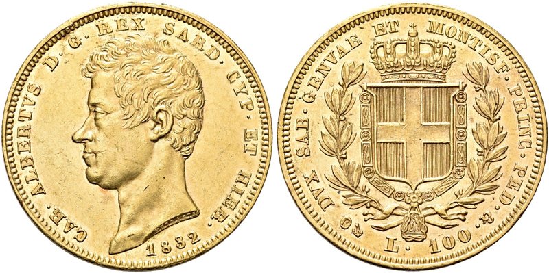 REGNO DI SARDEGNA
Carlo Alberto, 1831-1849.
100 Lire 1832 Genova.
Au
Dr. Tes...