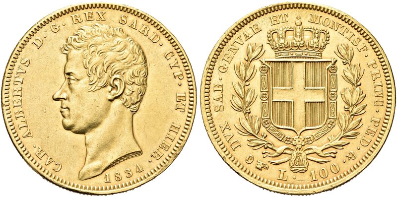 REGNO DI SARDEGNA
Carlo Alberto, 1831-1849.
100 Lire 1834 Torino.
Au
Dr. Tes...