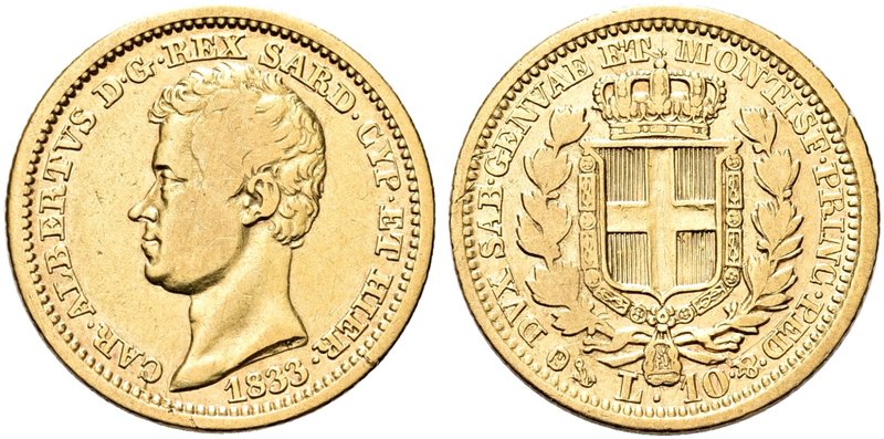 REGNO DI SARDEGNA
Carlo Alberto, 1831-1849.
10 Lire 1833 Genova.
Au
Dr. Test...