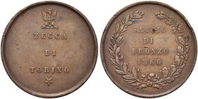 REGNO DI SARDEGNA
Vittorio Emanuele II, 1849-1861.
Studi per la Monetazione del Regno, saggio di bronzo 1860.
Æ gr. 4,91
Dr. ZECCA / DI / TORINO. ...
