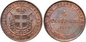Re ELETTO
Vittorio Emanuele II, 1859-1861.
5 Centesimi 1859 Birmingham, II° Tipo.
Cu
Dr. Stemma sabaudo crociato sormontato da corona paludata da ...
