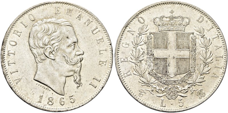 REGNO D’ITALIA
Vittorio Emanuele II, 1861-1878.
5 Lire 1865 Torino.
Ag
Dr. T...