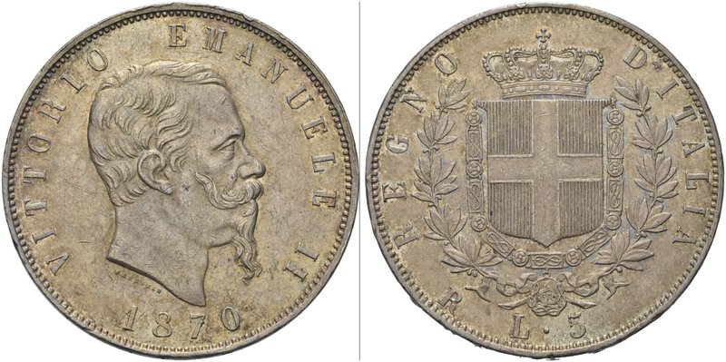REGNO D’ITALIA
Vittorio Emanuele II, 1861-1878.
5 Lire 1870 Roma.
Ag
Dr. Tes...