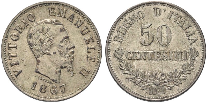 REGNO D’ITALIA
Vittorio Emanuele II, 1861-1878.
50 Centesimi 1867 Milano, II° ...