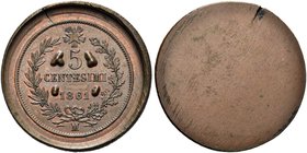 REGNO D’ITALIA
Vittorio Emanuele II, 1861-1878.
5 Centesimi 1861 Milano.
Æ gr. 12,45
Dr. Valore e data su tre righe tra quattro montagnole, circon...