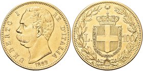 REGNO D’ITALIA
Umberto I, 1878-1900.
100 Lire 1882 Roma.
Au
Dr. Testa del sovrano rivolta a s.
Rv. Stemma sabaudo crociato sormontato da corona, ...