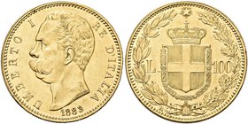 REGNO D’ITALIA
Umberto I, 1878-1900.
100 Lire 1883 Roma.
Au
Dr. Testa del sovrano rivolta a s.
Rv. Stemma sabaudo crociato sormontato da corona d...