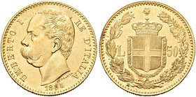 REGNO D’ITALIA
Umberto I, 1878-1900.
50 Lire 1884 Roma.
Au
Dr. Testa del sovrano rivolta a s.
Rv. Stemma sabaudo crociato sormontato da corona da...