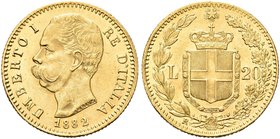 REGNO D’ITALIA
Umberto I, 1878-1900.
20 Lire 1882 Roma.
Au
Dr. Testa del sovrano rivolta a s.
Rv. Stemma sabaudo crociato sormontato da corona da...