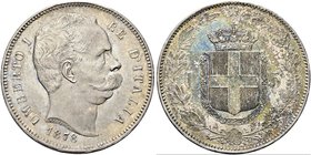 REGNO D’ITALIA
Umberto I, 1878-1900.
5 Lire 1878 Roma, I° Tipo.
Ag
Dr. Testa del sovrano rivolta a d.
Rv. Stemma sabaudo crociato sormontato da c...