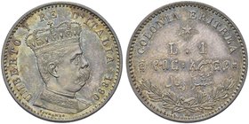 COLONIA ERITREA
Umberto I, 1890-1896.
Lira 1890 Roma.
Ag
Dr. Busto a d., in uniforme, con corona. 
Rv. Su due righe, L 1 e valore espresso in ama...