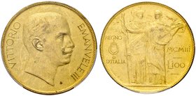 REGNO D’ITALIA
Vittorio Emanuele III, 1900-1943.
100 Lire 1903 Stabilimento Johnson.
Metallo dorato
Dr. Testa nuda a d.
Rv. A s. Minerva e a d. A...