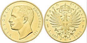 REGNO D’ITALIA
Vittorio Emanuele III, 1900-1943.
100 Lire 1905 Roma, Aquila Sabauda.
Au
Dr. Testa del sovrano rivolta a s.
Rv. Aquila araldica ri...