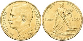 REGNO D’ITALIA
Vittorio Emanuele III, 1900-1943.
100 Lire 1912 Roma, Aratrice.
Au
Dr. Semibusto del sovrano in uniforme a testa scoperta, rivolto ...