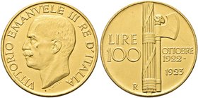 REGNO D’ITALIA
Vittorio Emanuele III, 1900-1943.
100 lire 1923 Roma, Fascione.
Au
Dr. Testa del sovrano rivolta a s. 
Rv. Fascio littorio con la ...