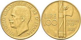 REGNO D’ITALIA
Vittorio Emanuele III, 1900-1943.
100 lire 1923 Roma, Fascione.
Au
Dr. Testa del sovrano rivolta a s. 
Rv. Fascio littorio con la ...