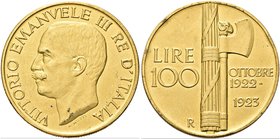 REGNO D’ITALIA
Vittorio Emanuele III, 1900-1943.
100 lire 1923 Roma, Fascione.
Au
Dr. Testa del sovrano rivolta a s. 
Rv. Fascio littorio con la ...
