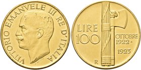 REGNO D’ITALIA
Vittorio Emanuele III, 1900-1943.
100 lire 1923 Roma, Fascione con asse spostato.
Au
Dr. Testa del sovrano rivolta a s.
Rv. Fascio...