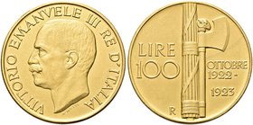 REGNO D’ITALIA
Vittorio Emanuele III, 1900-1943.
100 lire 1923 Roma, Fascione con asse spostato.
Au
Dr. Testa del sovrano rivolta a s.
Rv. Fascio...