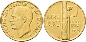 REGNO D’ITALIA
Vittorio Emanuele III, 1900-1943.
100 lire 1923 Roma, Fascione con asse spostato.
Au
Dr. Testa del sovrano rivolta a s.
Rv. Fascio...