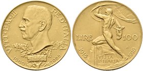REGNO D’ITALIA
Vittorio Emanuele III, 1900-1943.
100 Lire 1925 Roma, Vetta d’Italia.
Au
Dr. Testa del sovrano rivolta a s., poggiante su due rami ...