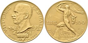 REGNO D’ITALIA
Vittorio Emanuele III, 1900-1943.
100 Lire 1925 Roma, Vetta d’Italia.
Au
Dr. Testa del sovrano rivolta a s., poggiante su due rami ...