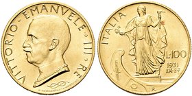 REGNO D’ITALIA
Vittorio Emanuele III, 1900-1943.
100 Lire 1931 a. IX E.F. Roma, Italia su prora.
Au
Dr. Testa del sorvrano con il collare, rivolta...