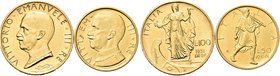 REGNO D’ITALIA
Vittorio Emanuele III, 1900-1943.
100 e 50 Lire 1931 a. IX, Italia su prora e Littore.
Au
Dr. Testa del sorvrano con il collare, ri...