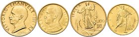 REGNO D’ITALIA
Vittorio Emanuele III, 1900-1943.
100 e 50 Lire 1931 a. X, Italia su prora e Littore.
Au
Dr. Testa del sorvrano con il collare, riv...