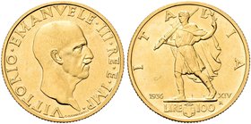 REGNO D’ITALIA
Vittorio Emanuele III, 1900-1943.
100 Lire 1936 a. XIV Roma, Littore.
Au
Dr. Testa scoperta del sovrano rivolta a d.
Rv. Figura in...