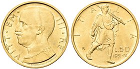 REGNO D’ITALIA
Vittorio Emanuele III, 1900-1943.
50 Lire 1931 a. IX Roma, Littore.
Au
Dr. Testa scoperta del sovrano con collare, rivolta a s. 
R...