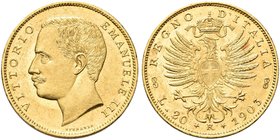 REGNO D’ITALIA
Vittorio Emanuele III, 1900-1943.
20 Lire 1903 Roma, Aquila Sabauda.
Au
Dr. Testa del sovrano rivolta a s. 
Rv. Aquila araldica ri...