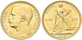 REGNO D’ITALIA
Vittorio Emanuele III, 1900-1943.
20 Lire 1912 Roma, Aratrice.
Au
Dr. Semibusto del sovrano in uniforme a testa scoperta, rivolto a...