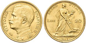 REGNO D’ITALIA
Vittorio Emanuele III, 1900-1943.
20 Lire 1912 Roma, Aratrice.
Au
Dr. Semibusto del sovrano in uniforme a testa scoperta, rivolto a...