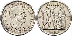 REGNO D’ITALIA
Vittorio Emanuele III, 1900-1943.
20 Lire 1928 a. VI Roma, Littore.
Ag
Dr. Testa del sovrano rivolta a d.
Rv. Figura eretta di lit...